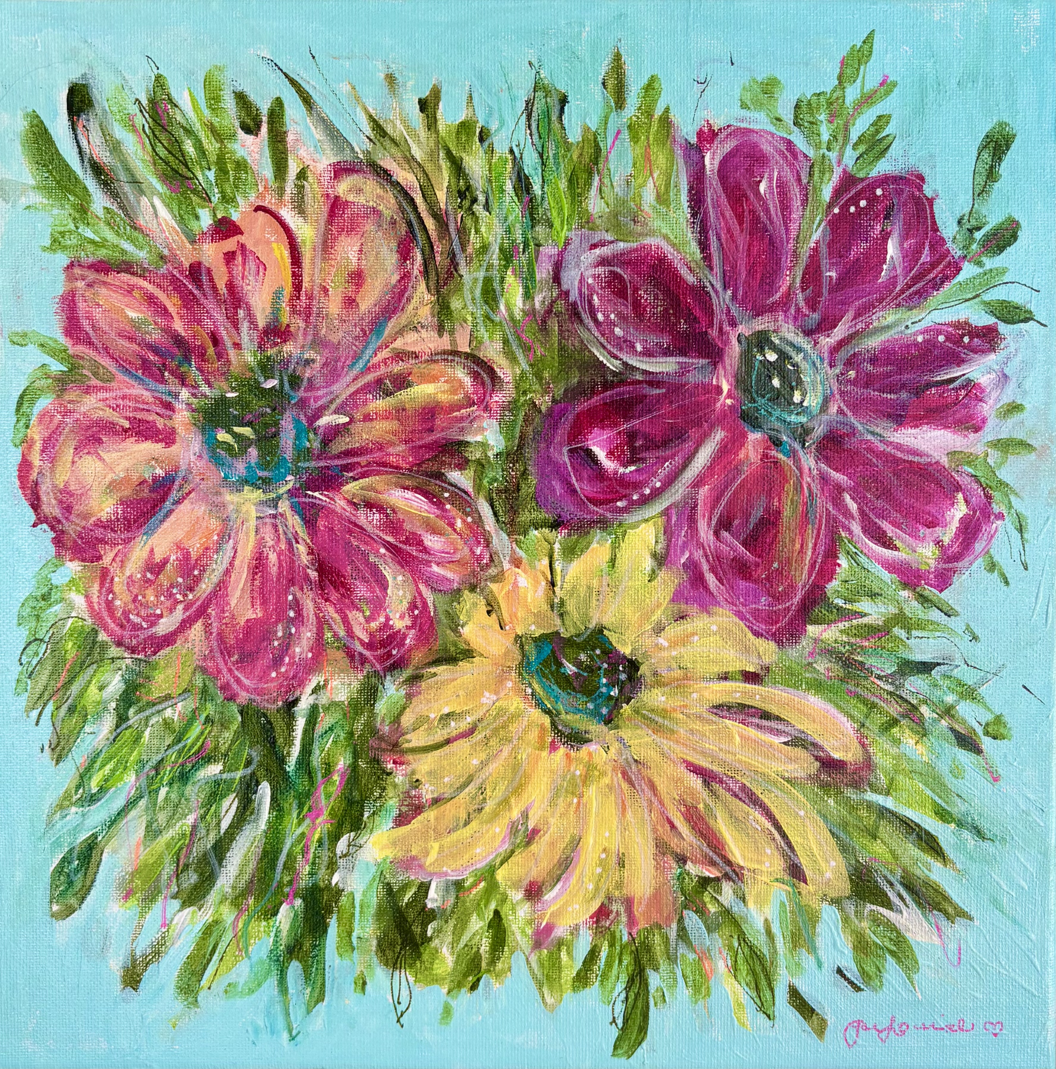 Expressive flowers over navy and white blocks