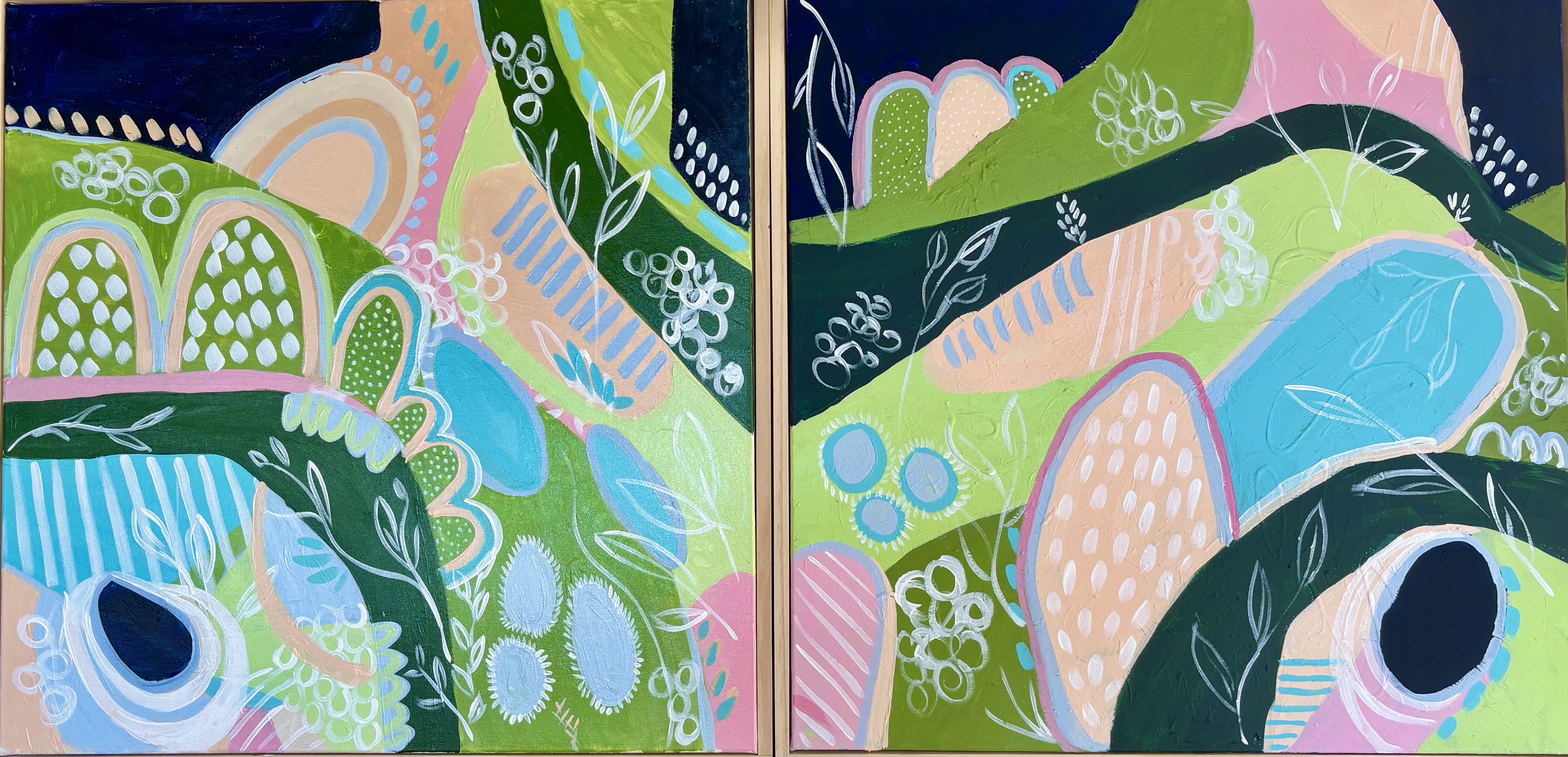 Green turquoise navy and blush abstract landscape painting