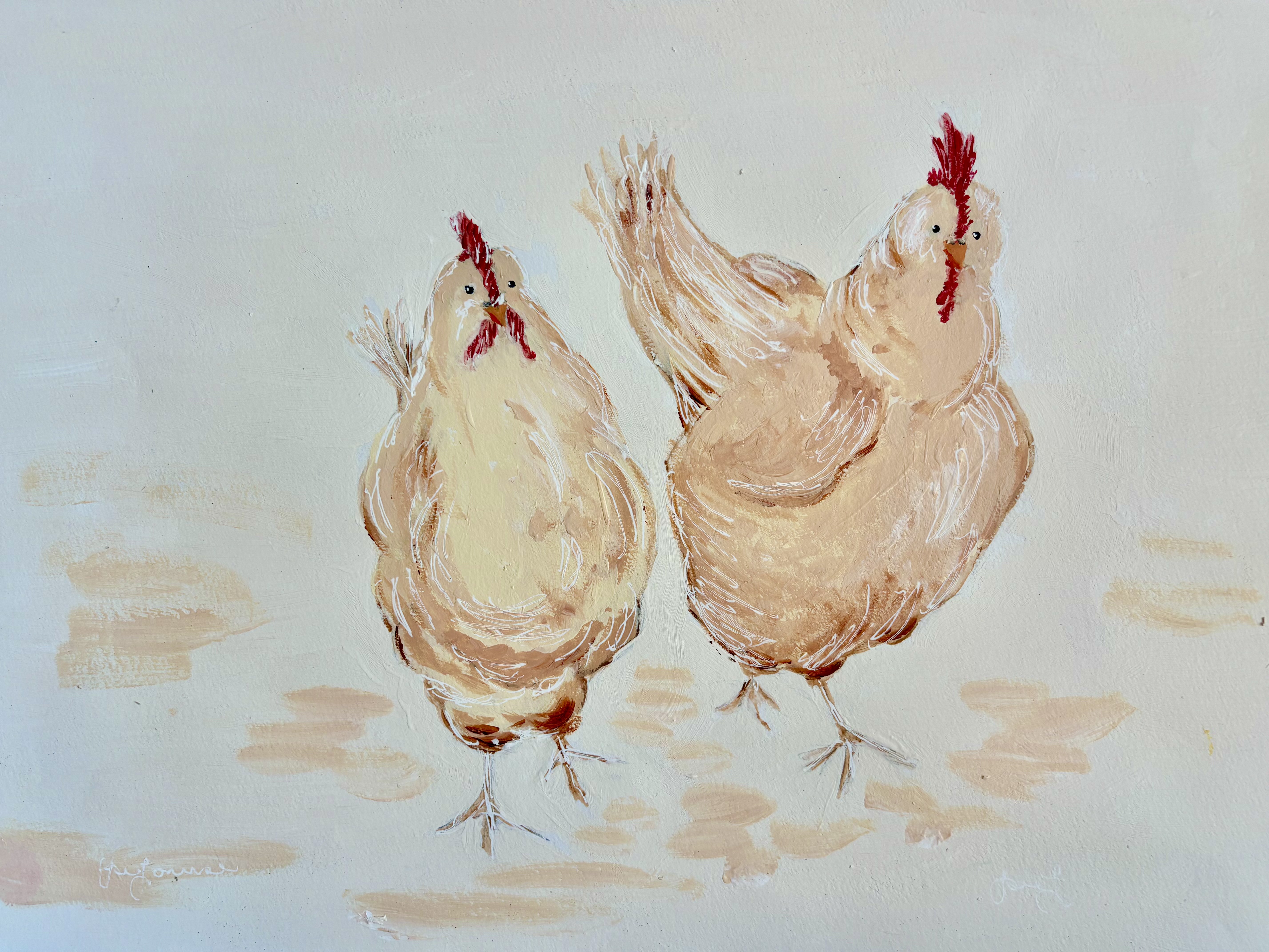 Playful pale bird study with red crests