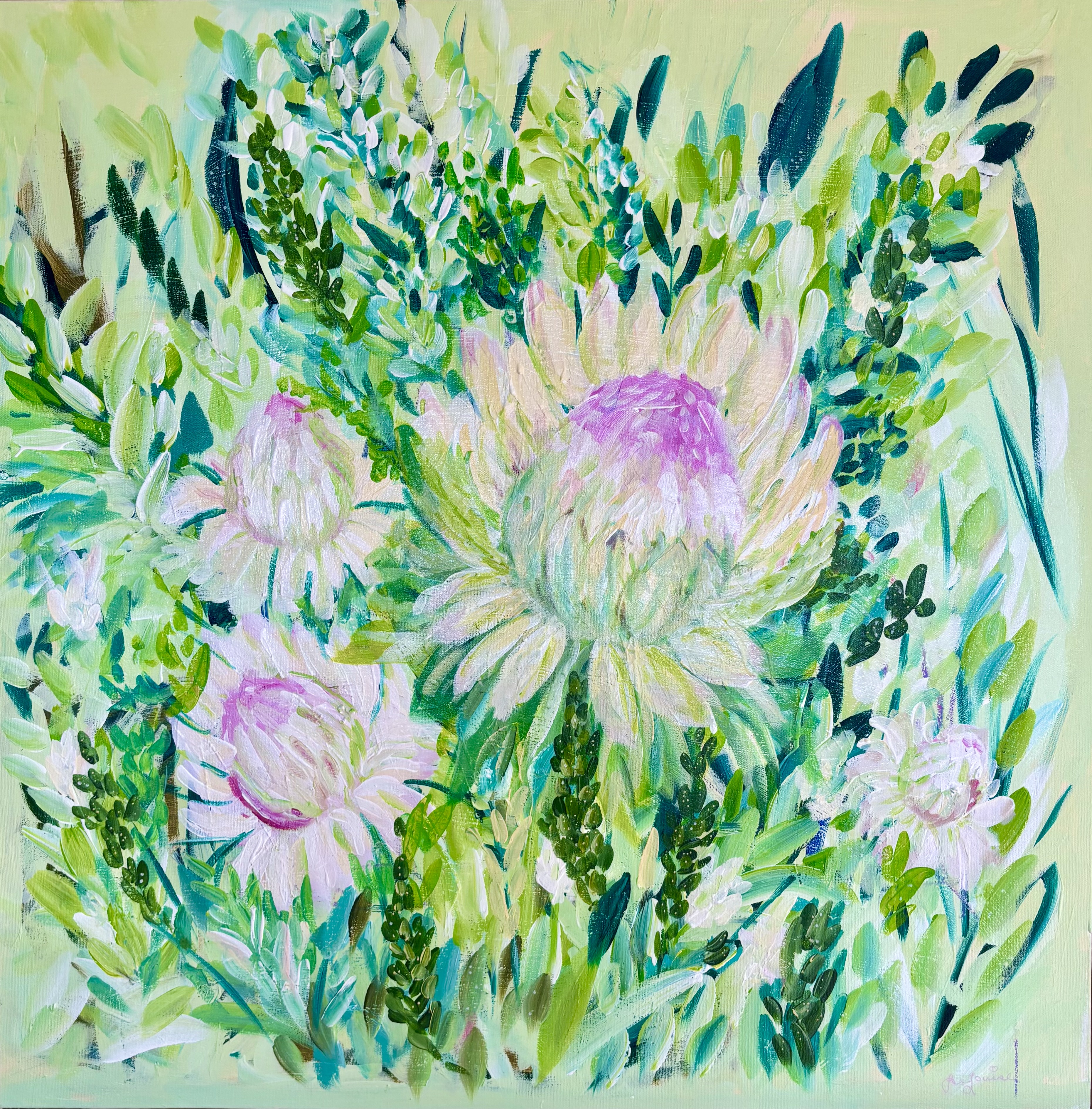 Green turquoise and pink botanical painting