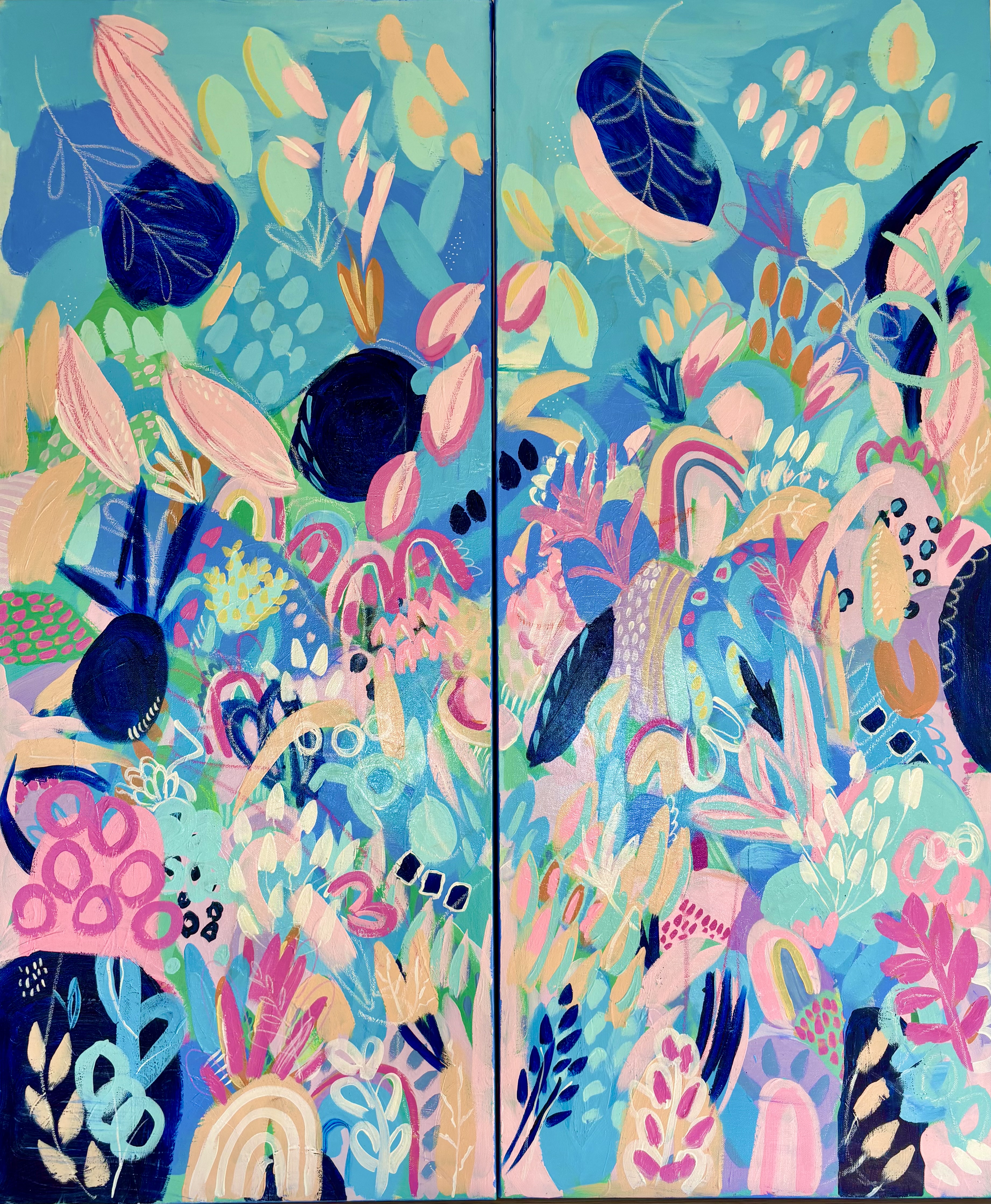 Panoramic turquoise pink and navy abstract garden painting