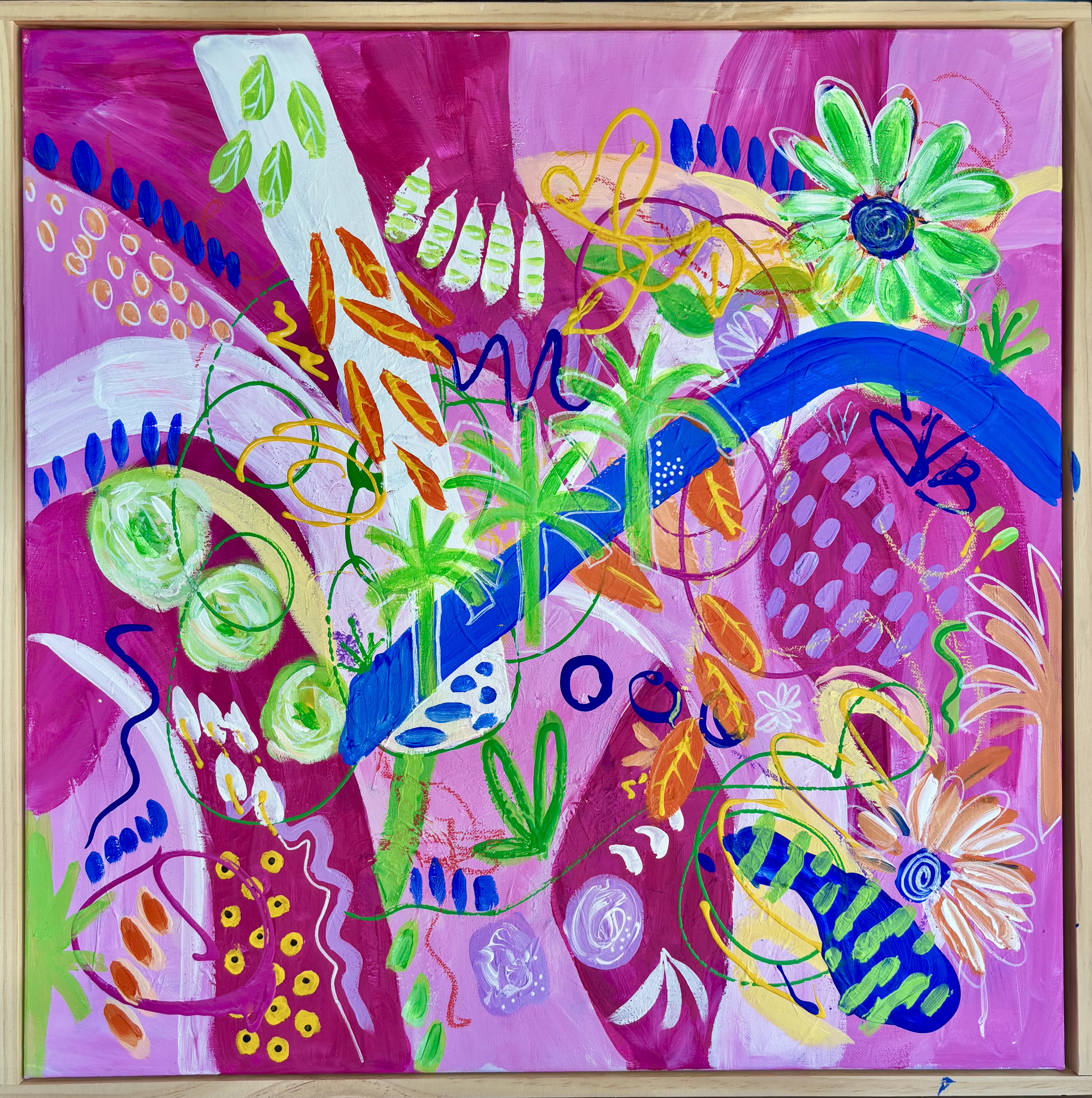 Panoramic hot pink floral abstract painting
