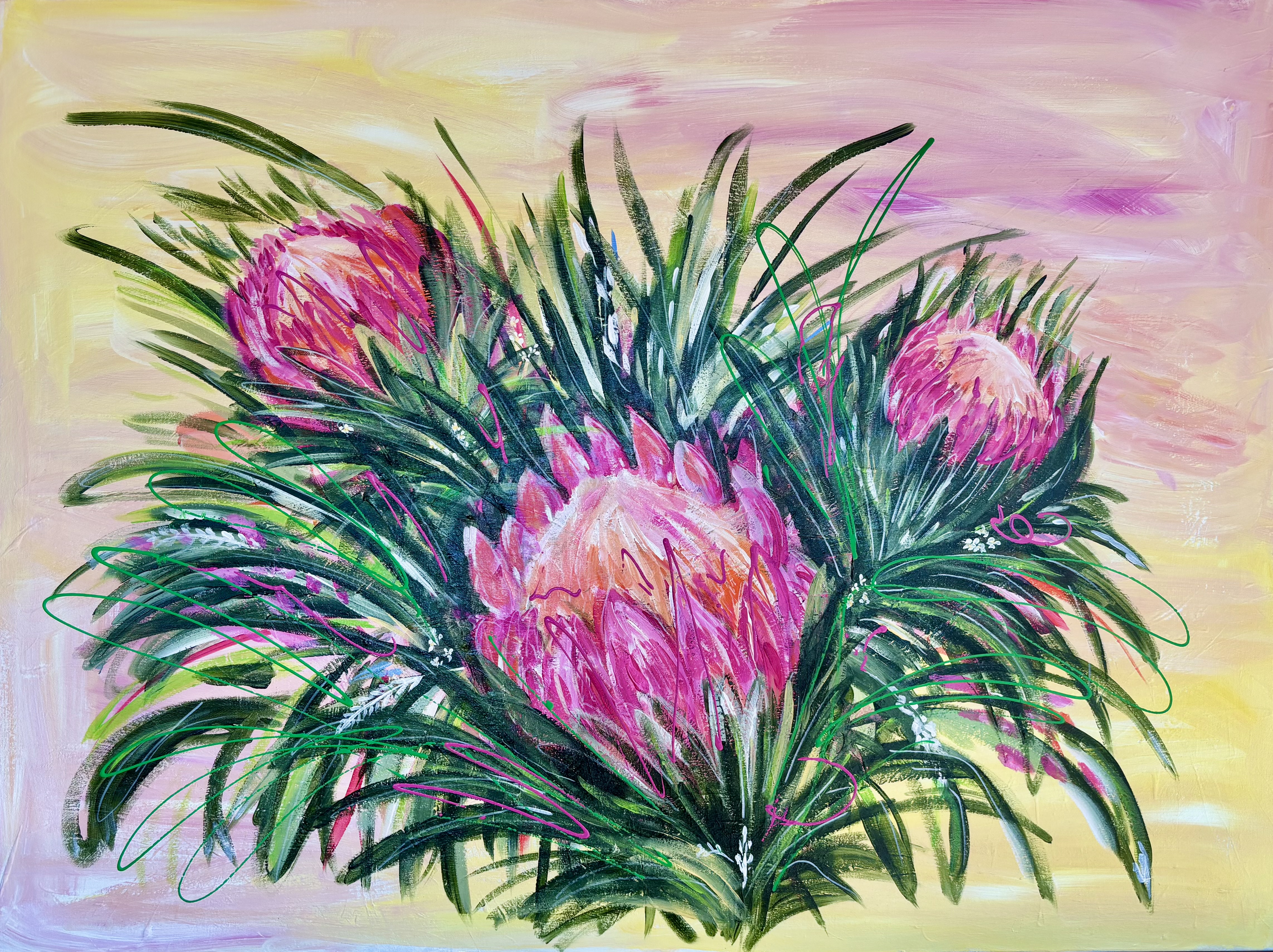 Pink and green protea painting