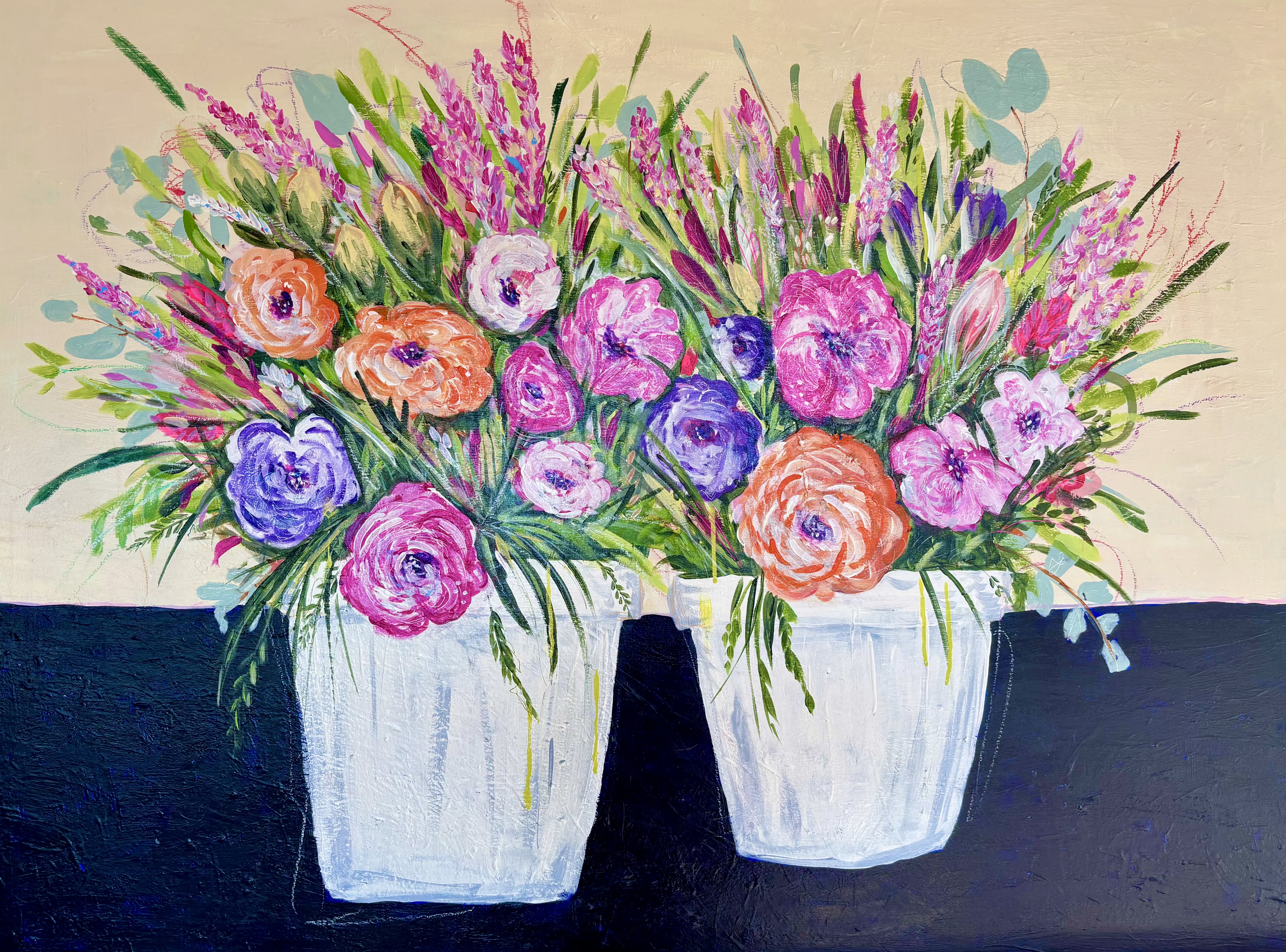 Pink green and orange expressive floral garden painting