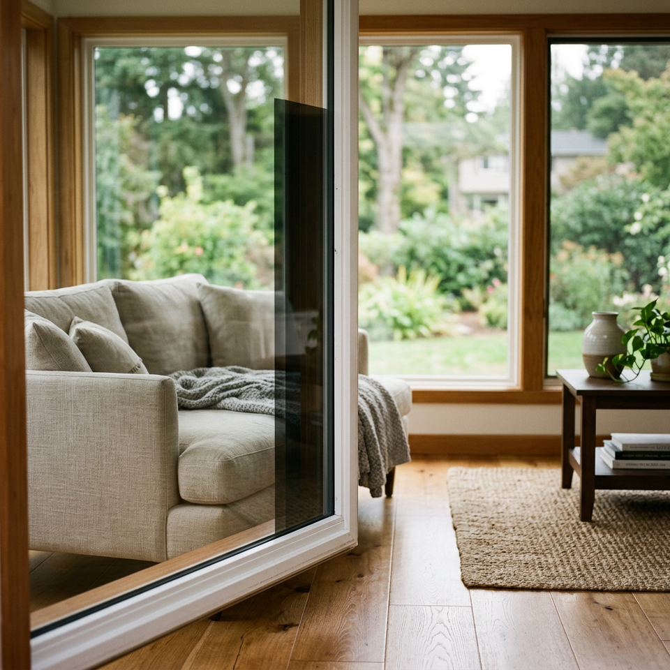 Close-up of residential window film with elegant interior