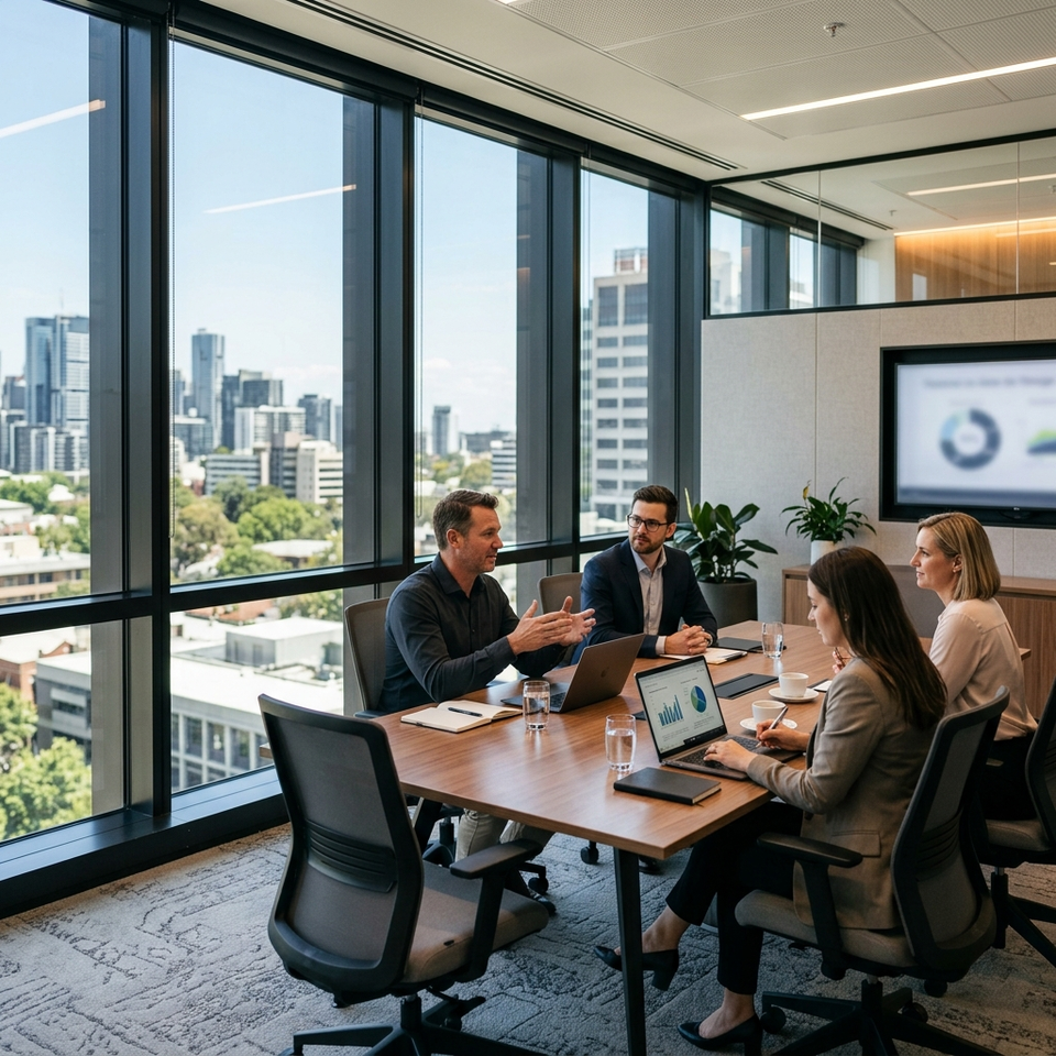 Modern office interior with tinted windows reducing glare